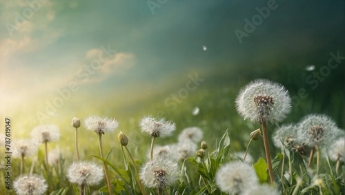 Spring background with white dandelions. 