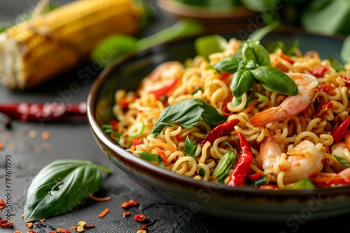 Spicy stir fried instant noodles with shrimps corn and peppers topped with Thai basil and chili pepper