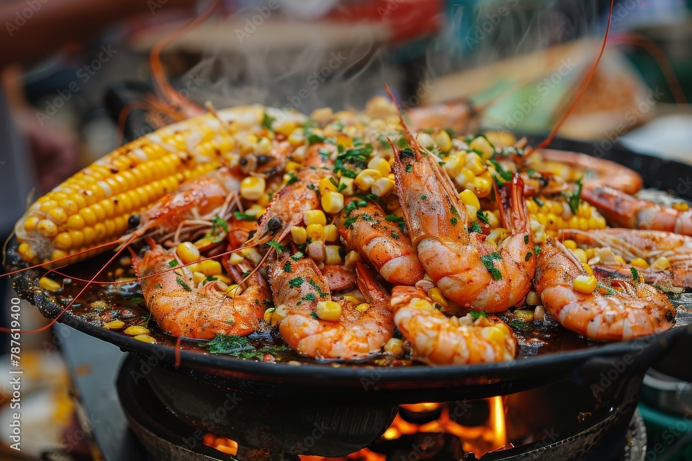 Spicy Thai shrimp and fresh corn a famous street food Spicy Thai shrimp and fresh corn a famous street food