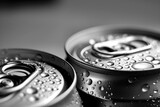 Monochrome aluminum beverage cans covered with water droplets condensation, close up shiny metal soda can recycling