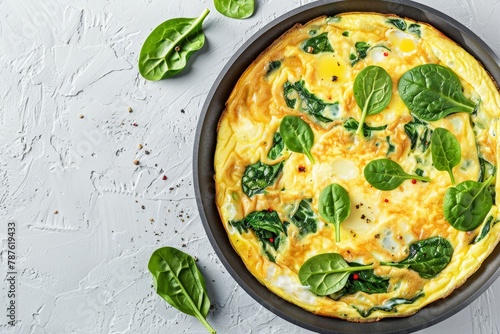 Spinach and cheese omelette on concrete background top view