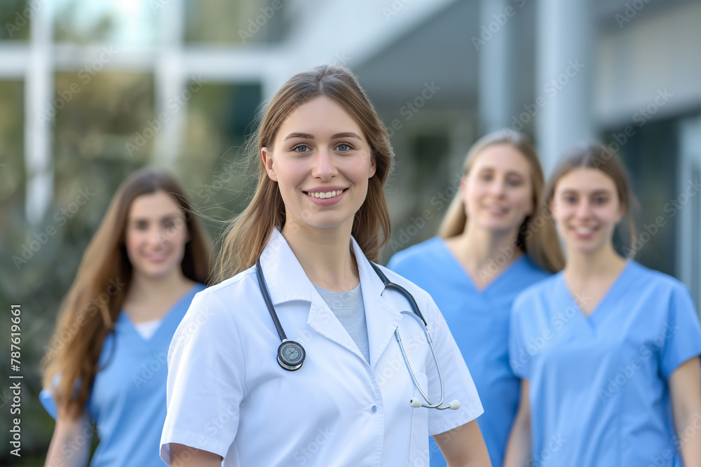Smiling female medical professional with stethoscope in foreground and colleagues behind Smiling female medical professional with stethoscope in foreground and colleagues behind