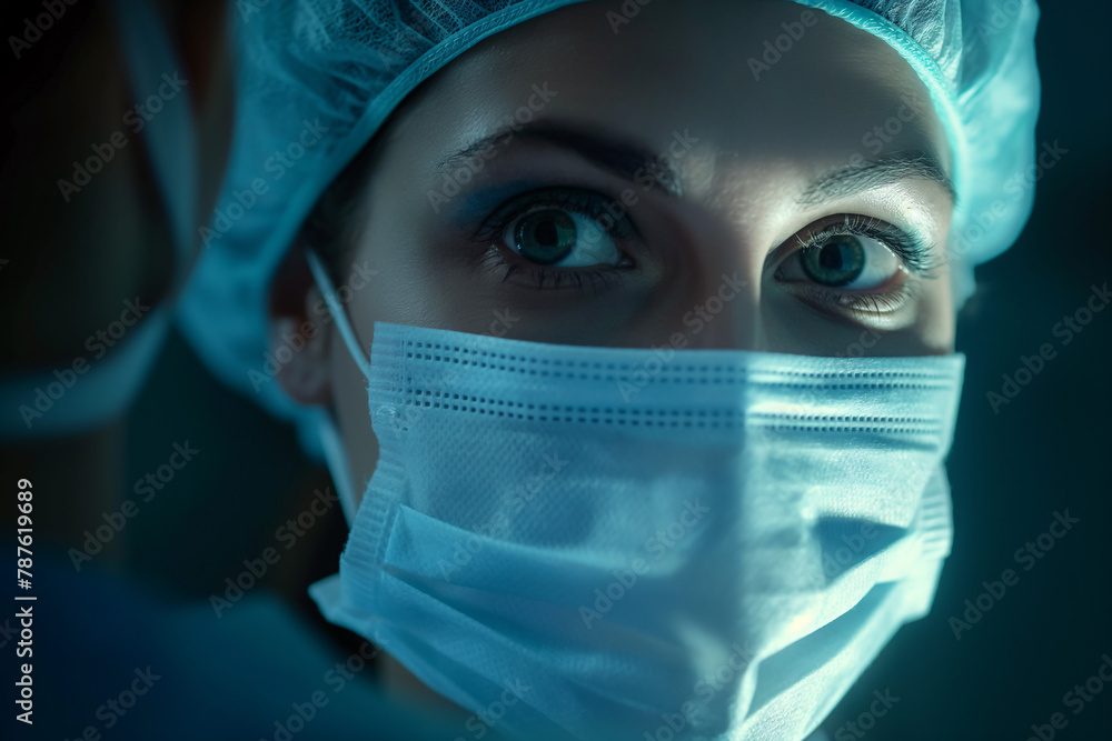 Close-up view of a female surgeon in scrubs preparing for operation at night Close-up view of a female surgeon in scrubs preparing for operation at night