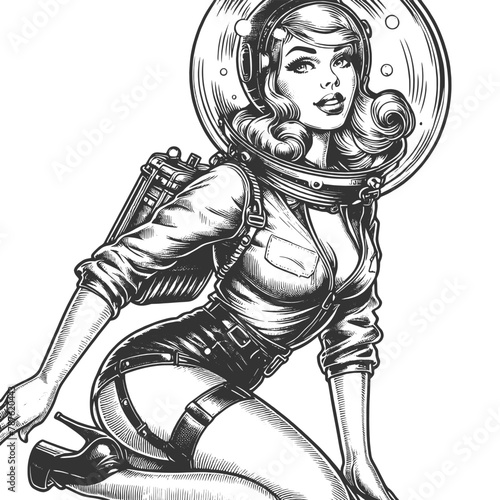 Sexy pin-up woman bubble astronaut space helmet with flowing hair classic beauty sketch engraving generative ai fictional character vector illustration. Scratch board imitation. Black and white image.
