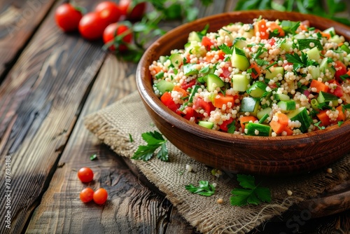 Asian tabbouleh salad with couscous in a brown bowl on a dark wood background photo