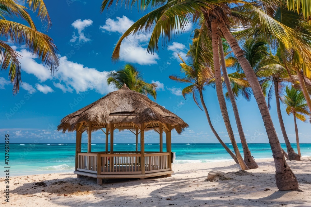 Beautiful gazebo on tropical beach summer vacation background Nice view of beach Beautiful gazebo on tropical beach summer vacation background Nice view of beach