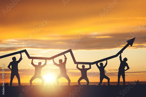 Team silhouette and up graph arrow on sunset background, leadership and teamwork concept