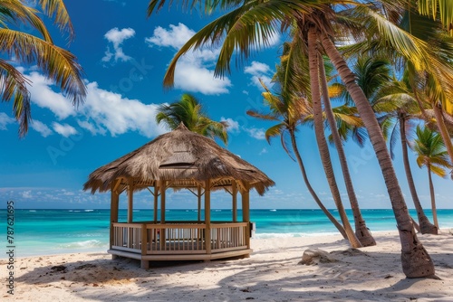 Beautiful gazebo on tropical beach summer vacation background Nice view of beach © The Big L