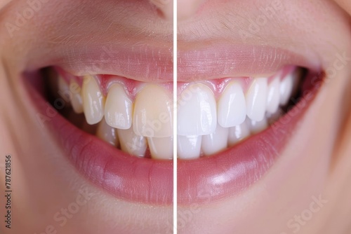 Before and after dental veneers create a perfectly aligned youthful and white smile