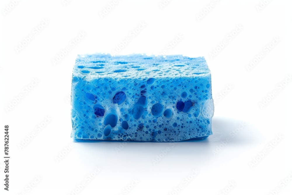 Blue bath sponge on white background with space for text Blue bath sponge on white background with space for text