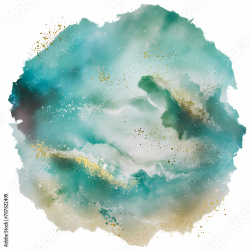 abstract watercolor splash background turquoise green, aqua blue hue and gold 