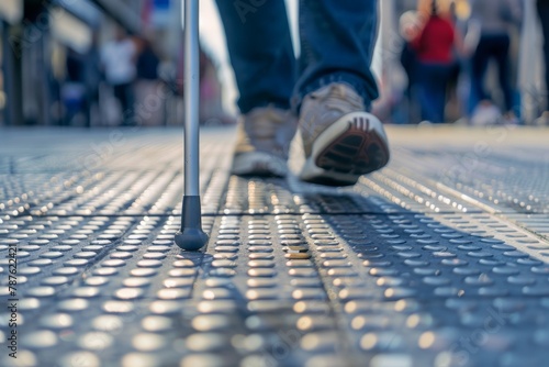 Blind person using white cane on tactile tiles for navigation photo