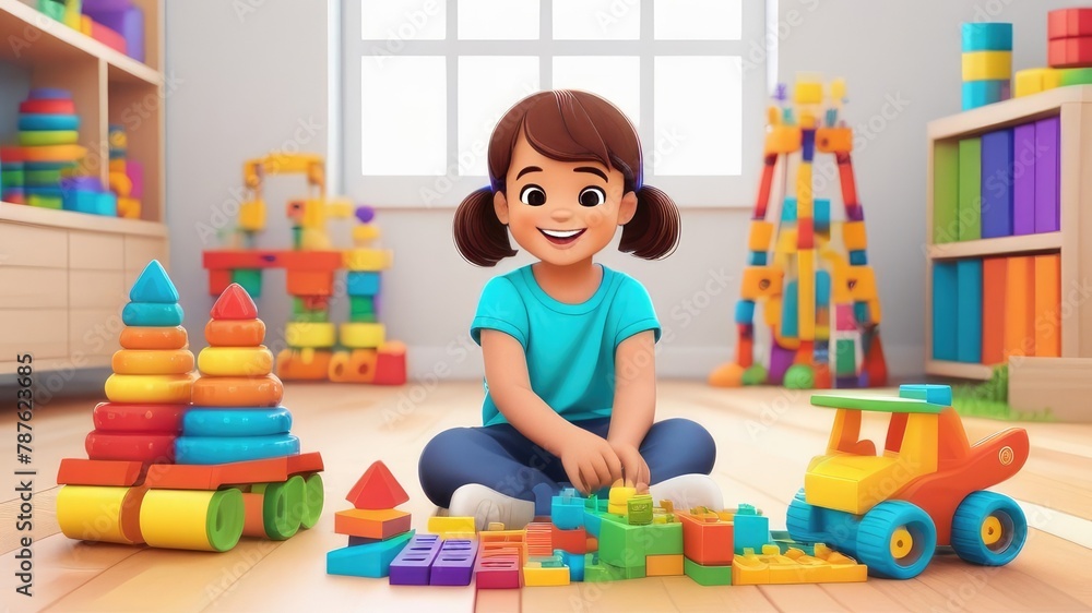 a small child on the floor in the room plays with colorful toys. The concept of children's development, entertainment