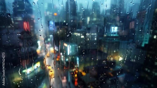 A blurry view of the rainy cityscape with droplets running down the worn edges of its buildings and structures.