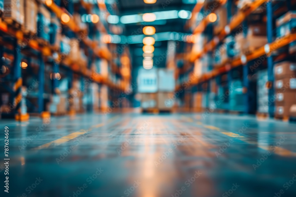Fototapeta premium Blurred warehouse with hardware box for delivery and bokeh light background logistics storage concept
