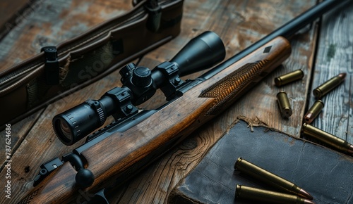 Bolt action scout rifle with scope on wood background Ammo and black book on table