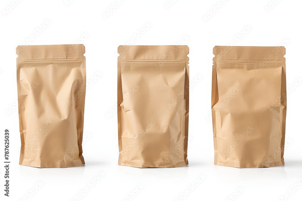 Brown paper bags for various items isolated on white background