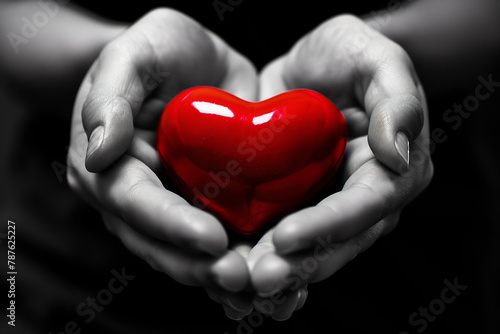 Close Up of Black and White Hands Holding a Red Heart  Depicting Compassionate Love and Charitable Giving
