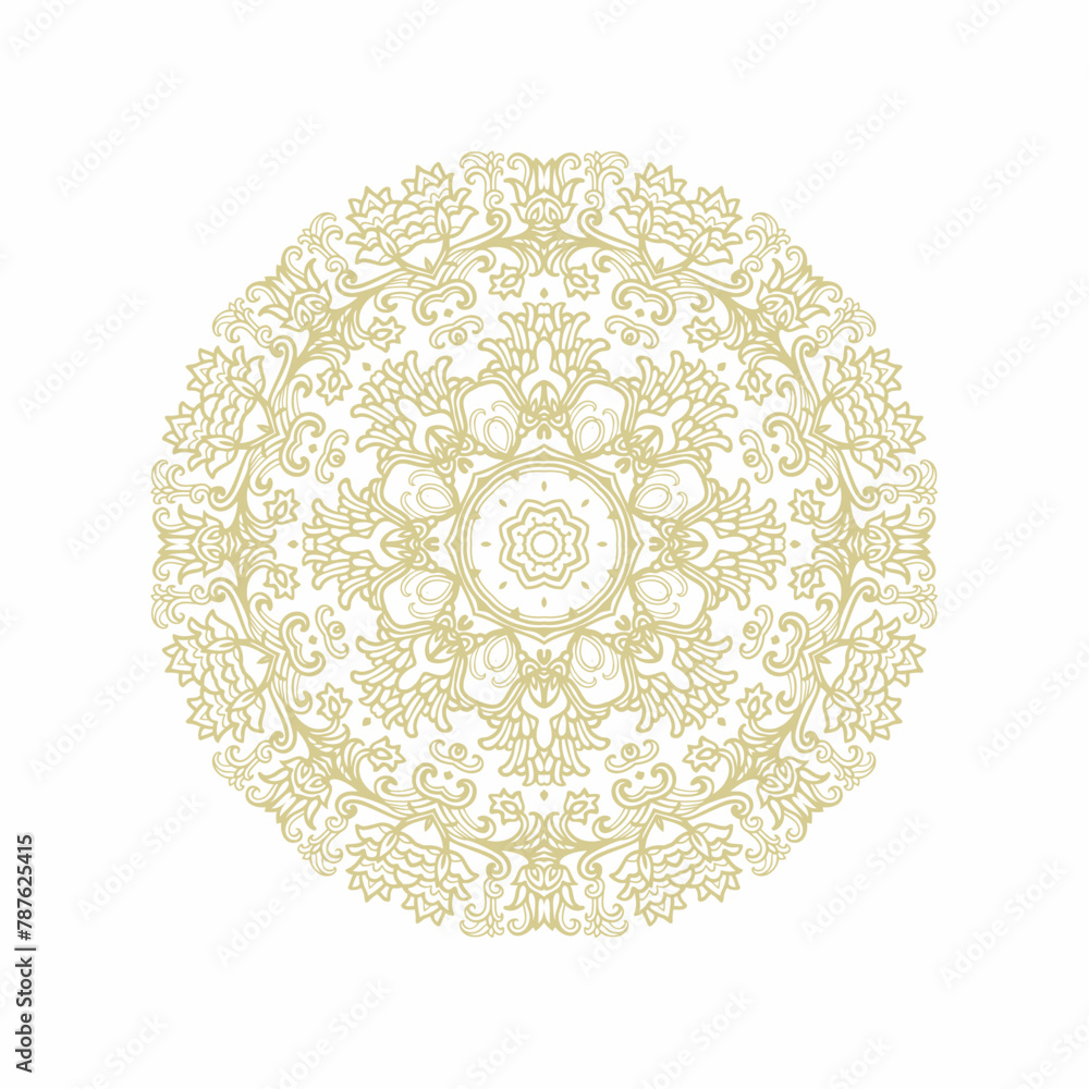Ornamental golden laced vector floral composition, flourish vignette, rosette, mandala on white background Ornamental golden laced vector floral composition, flourish vignette, rosette, mandala on white background