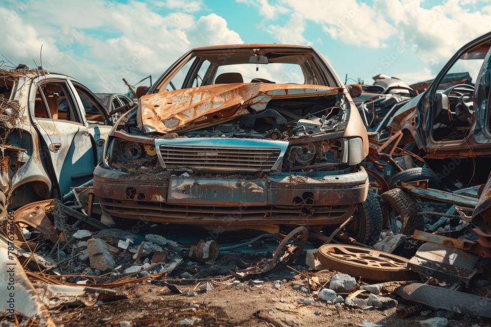 Car graveyard with destroyed vehicles outdoors causing environmental pollution from metal recycling