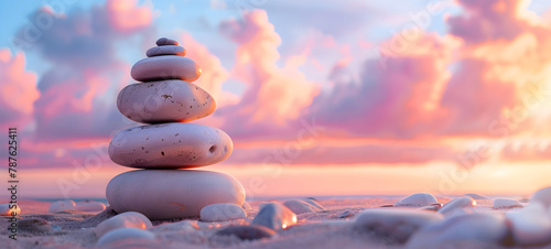 Stack of Zen stones on pebble beach Stacked smooth stones on a tranquil beach setting.