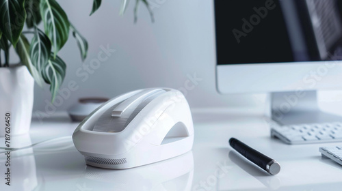 A sleek white correction tape dispenser sitting on a desk, ready to fix writing errors seamlessly. photo
