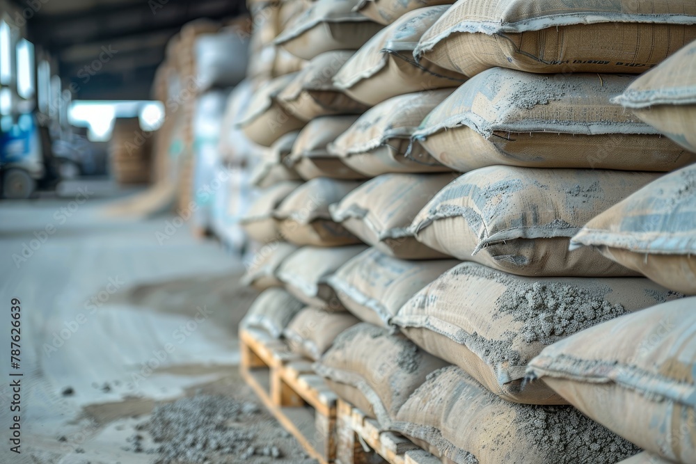 Cement bags stored in warehouses and prepared for shipment to buyers in the cement industry