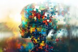 autism and adhd mind concept colorful puzzle pieces forming childs silhouette digital illustration