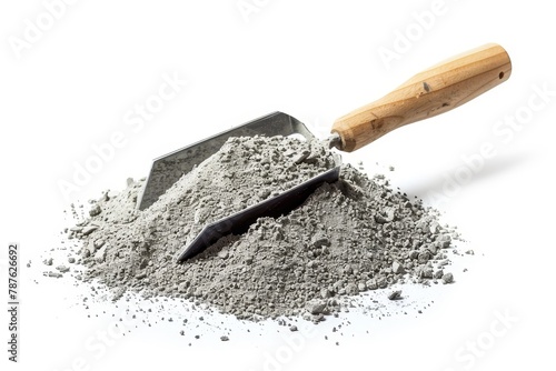 Cement powder or mortar with trowel on white background