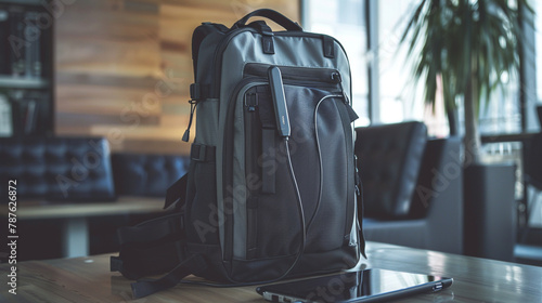 A backpack with a USB charging port and a built-in portable phone charger.