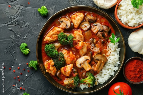 Chicken fillet with mushrooms in tomato sauce broccoli rice Healthy meal for a balanced diet