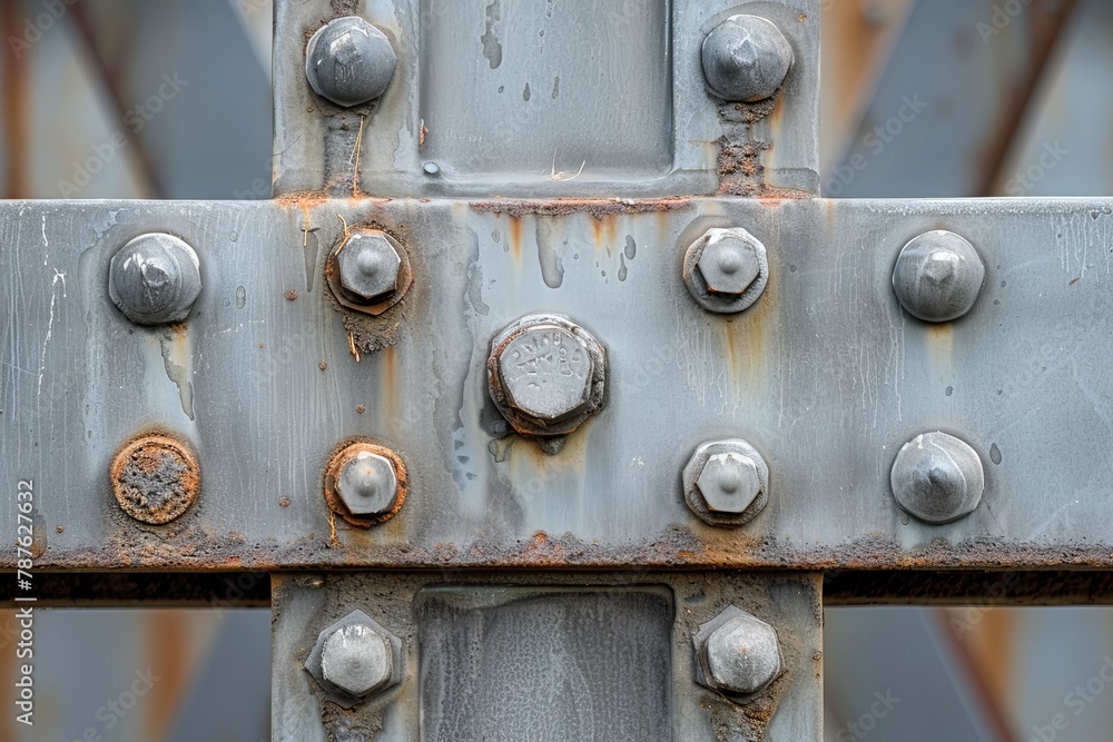 Close up architectural detail of metal bridge support connections with bolts nuts and weld seams