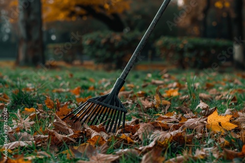 Clearing fallen leaves with a rake in an autumn park Volunteering in seasonal gardening