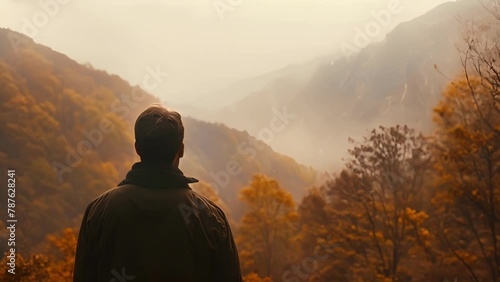 A man stares out at the misty mountains his silhouette blending with the autumn foliage and the melancholic atmosphere. . . photo