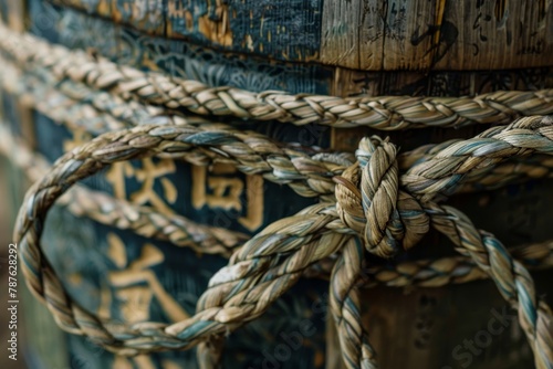 Close up of knotted rope on a sake barrel in Japan