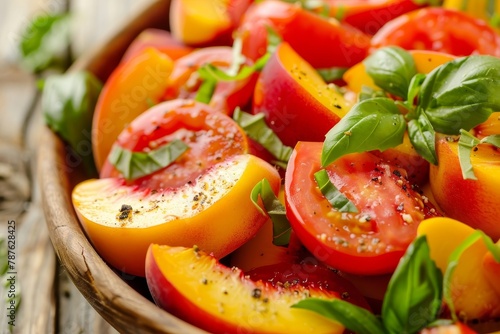 Close up photo of peach tomato basil salad on rustic wooden background Horizontal