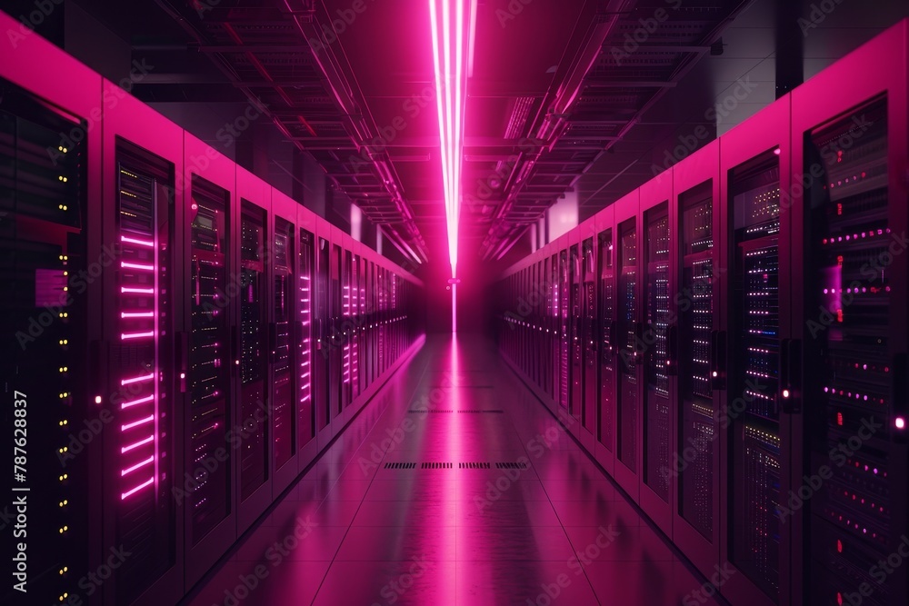 Dark data center with rows of server racks Telecommunications cloud computing AI database supercomputer Pink neon light Dark data center with rows of server racks Telecommunications cloud computing AI database supercomputer Pink neon light