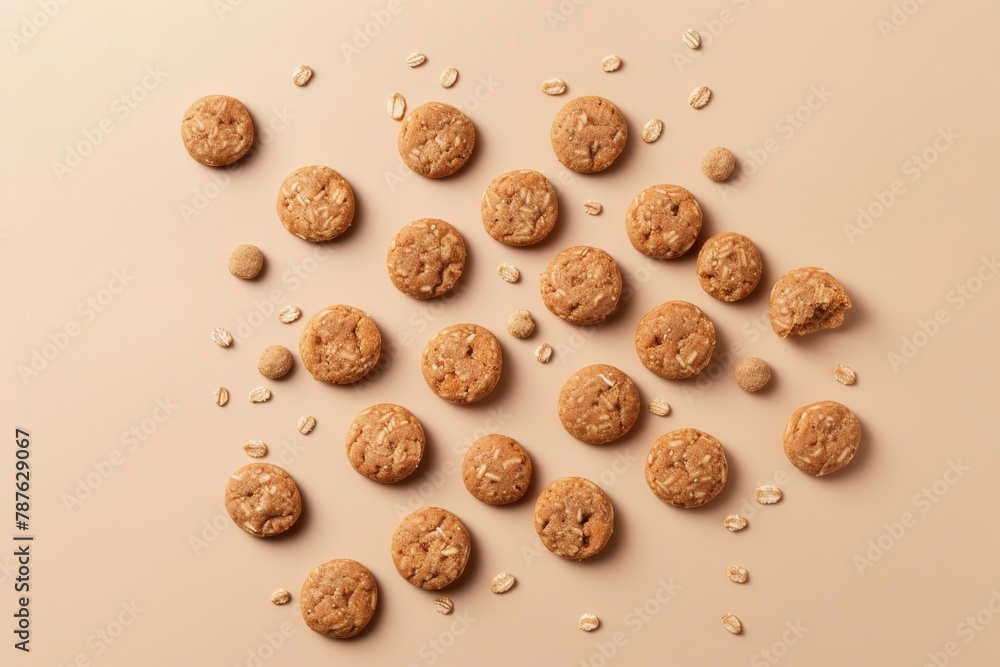 Dog treats shaped like cereal seeds on a beige background perfect for canine consumption Dog treats shaped like cereal seeds on a beige background perfect for canine consumption