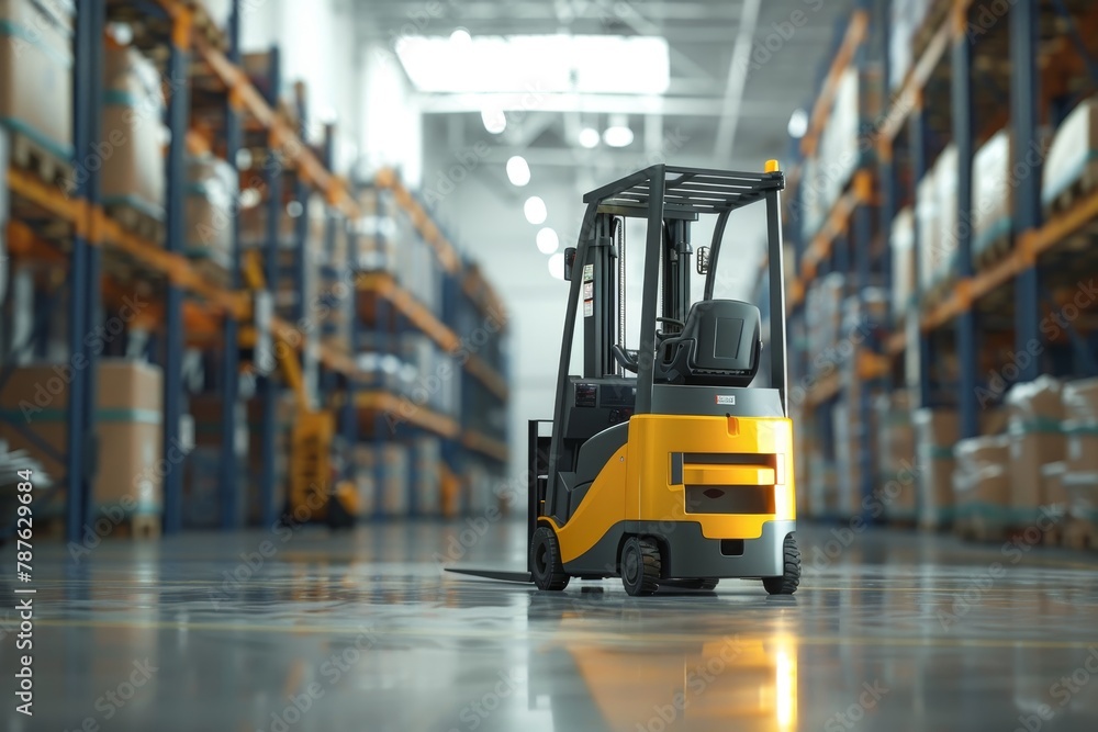 Electric forklift working in warehouse Electric forklift working in warehouse