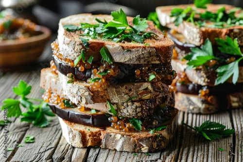 Eggplant caviar and parsley on bread