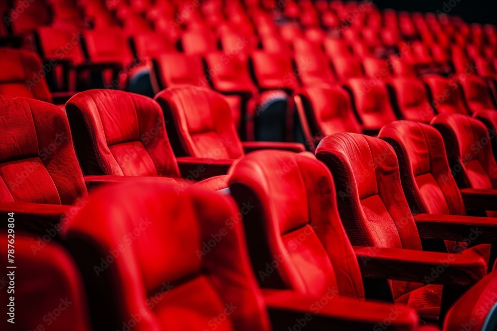 Fototapeta premium Empty red seats in theater with no audience Shallow focus