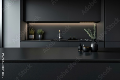 Dark-themed kitchen with sleek black countertops and stylish decor elements.