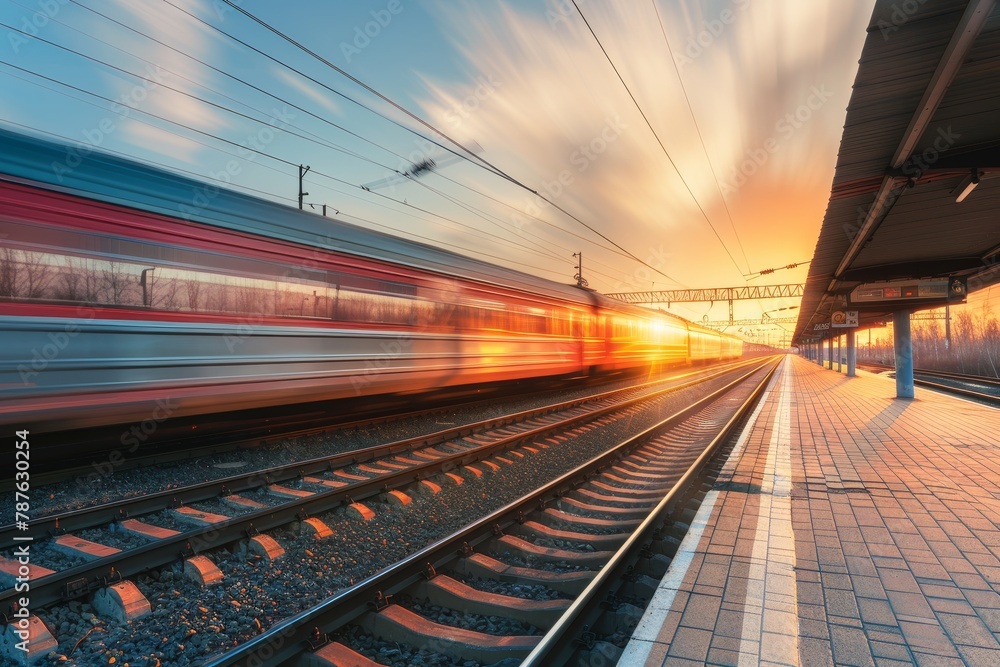 Fast passenger train in Ukraine at sunset with motion blur effect Fast passenger train in Ukraine at sunset with motion blur effect