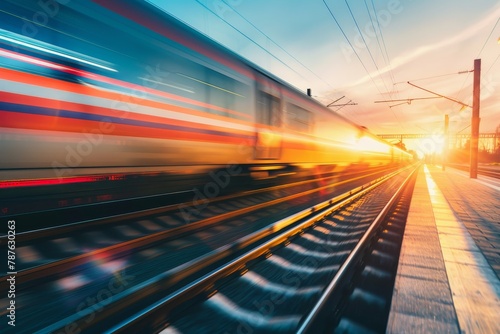 Fast passenger train moving on railroad at sunset Blurred commuter train Sunny railway station Travel tourism in rural industrial landscape Concept