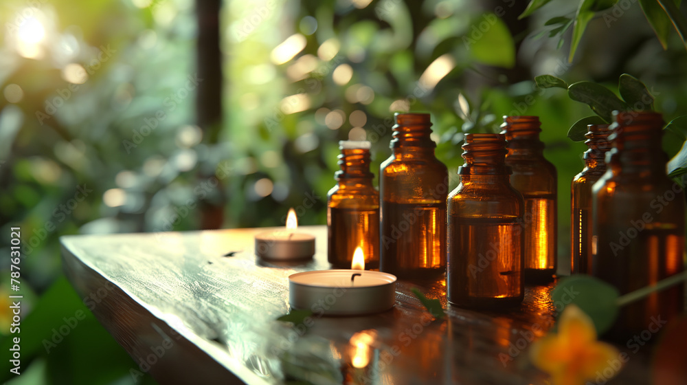Brown bottles of aromatherapy essential oil with candles and plants outdoors Brown bottles of aromatherapy essential oil with candles and plants outdoors