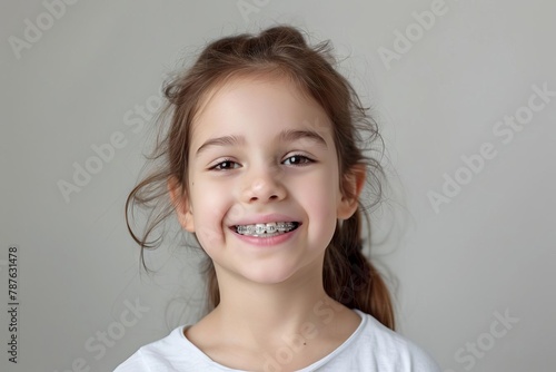 cheerful little girl with braces adorable smile dental health happiness studio portrait photo photo