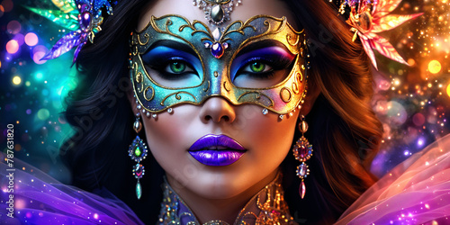 A woman with striking blue eyes and purple lips, wearing a vibrant mask adorned with gold accents and feathers, set against a colorful background filled with sparkles.
