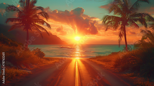 Road to the beach with palm trees by the sides. Paradise. Vacation and Tourism concept. photo