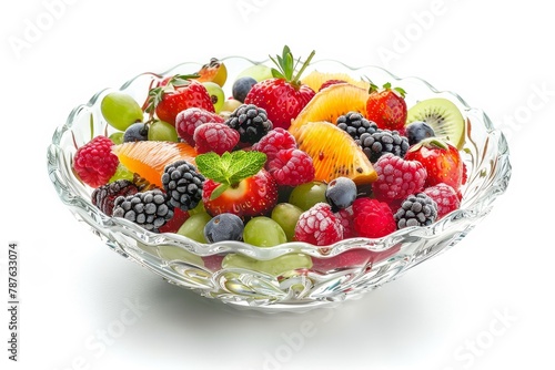 Fruit salad and berries in glass bowl white background