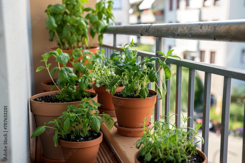 Gardening herbs and veggies on balcony